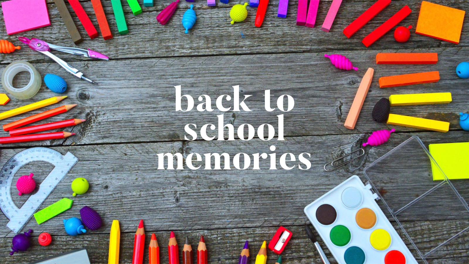 Multi-colored pencils, erasers, pastels, and paints against a gray background with the words back to school memories in white in the center